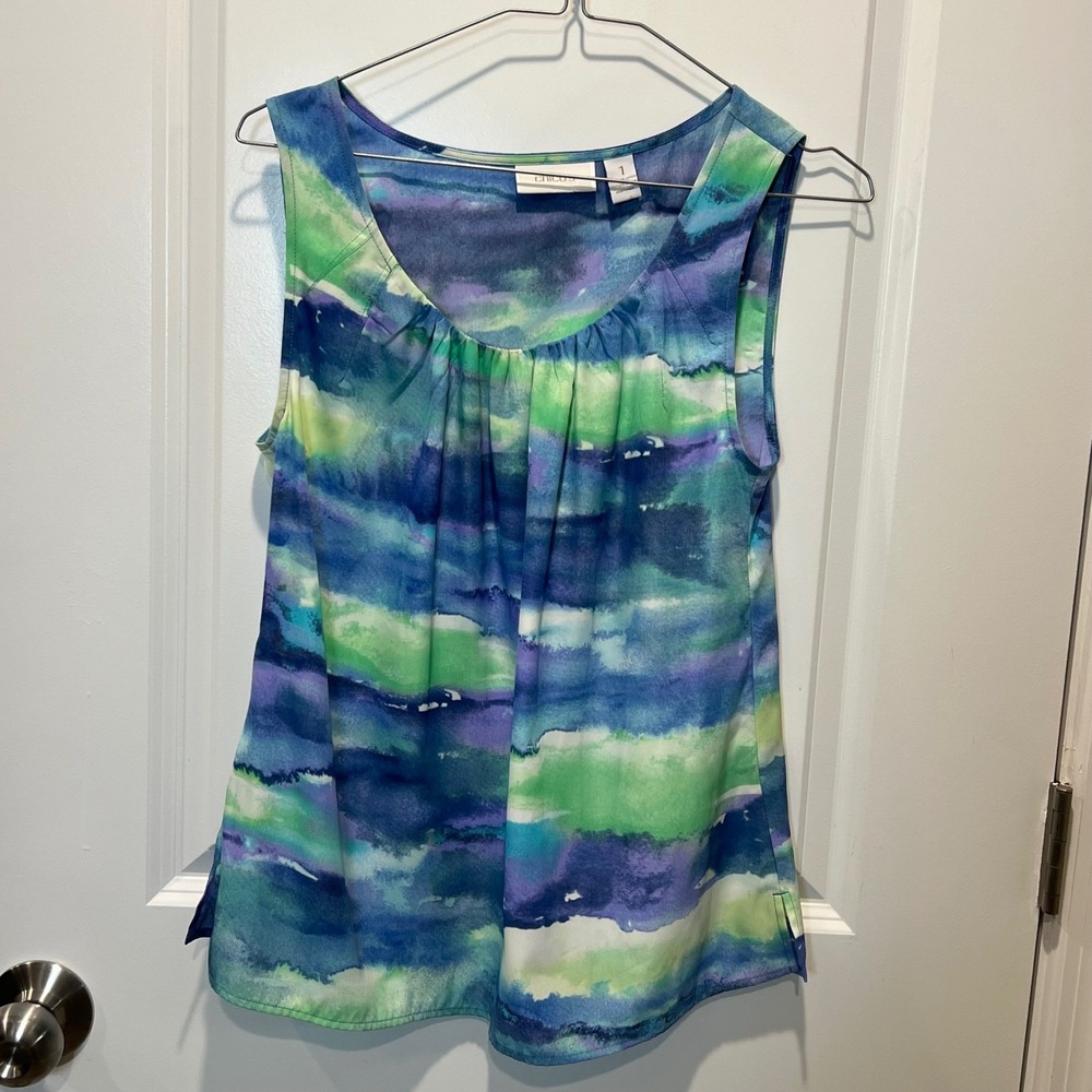 Chicos Tank Top Size 1 Watercolor Print Sleeveless Scoop Neck